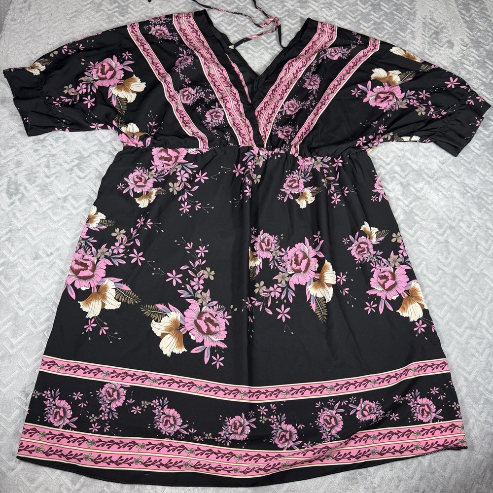 SHEIN Curve Dress Women 4XL Black Pink Floral Boho V‎ Neck Short Sleeve